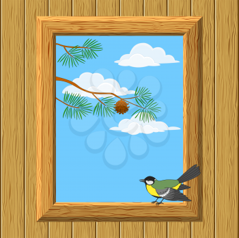 Background with wood wall and window with view of blue sky, clouds, pine branches and bird titmouse. Vector