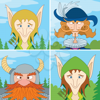 Avatar faces of fantasy brave heroes: two elves, dwarf and noble man, funny comic cartoon user icons, set. Vector