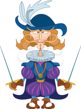 Fantasy hero, brave count fencer standing with two swords and stern look, funny comic cartoon character. Vector