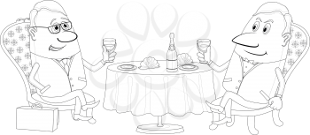 Two respectable men sitting near the table and raising a toast, celebrating a successful transaction, funny cartoon illustration, black contour on white background. Vector