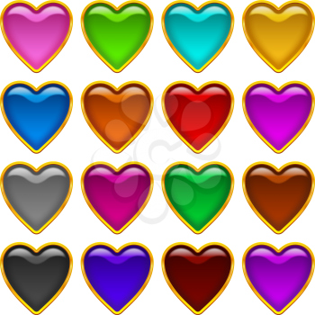 Set of icons hearts, glass buttons of different colors for web design. Vector eps10, contains transparencies
