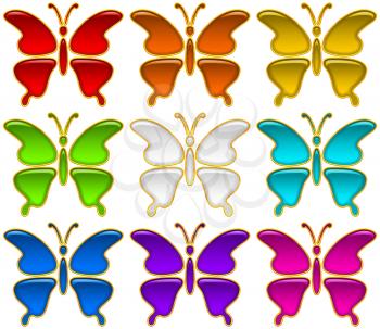Set of Colorful Glossy Buttons in Shape of Multicolored Butterflies with Golden Frames, Computer Icons for Web Design. Eps10, Contains Transparencies. Vector