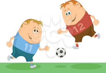 Two football players sportsmans playing soccer with ball, cartoon characters, isolated on white background. Vector