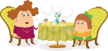 Fat mother and daughter sitting near the table, drinking juice and eating ice cream, funny cartoon illustration, isolated on white background. Vector