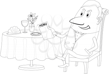 Respectable young man sitting behind restaurant table and reading menu, funny cartoon character, black contour on white background. Vector