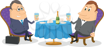 Two respectable men sitting near the table and raising a toast, celebrating a successful transaction, funny cartoon illustration, isolated on white background. Vector