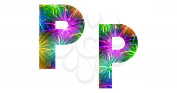 Set of English letters signs uppercase and lowercase P, stylized colorful holiday firework with stars and flares, elements for web design. Eps10, contains transparencies. Vector