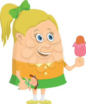 Little girl smiling and keeping doll in one hand and ice cream in another, funny cartoon character, isolated. Vector
