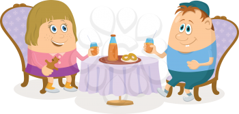 Two little children, boy and girl sitting near table, drinking juice and eating buns, funny cartoon illustration, isolated. Vector