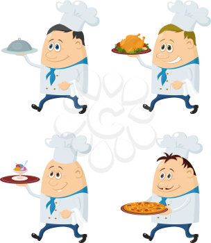 Set of Chefs with Different Meals on Their Trays, Pizza, Roast Turkey, Ice Cream, Funny Cartoon Characters Isolated on White Background. Eps10, contains transparencies. Vector