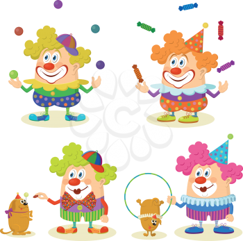 Set of cheerful kind circus clowns in colorful clothes juggling balls and candies and training dogs, holiday illustration, funny cartoon characters, isolated on white background. Vector