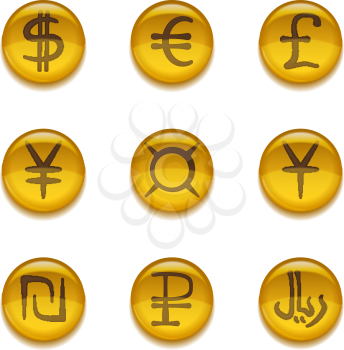 Golden money buttons icons with currency signs, set: dollar, euro, pound, yen, yuan, shekel, rial, ruble, universal. Vector eps10, contains transparencies
