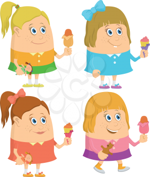 Set of little girls smiling and eating ice cream, funny cartoon characters, isolated. Vector