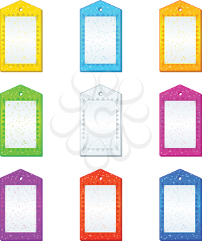 Set of shopping labels, tags with patterns and confetti. Vector