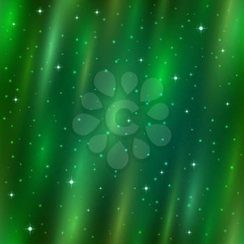 Abstract seamless background, green Aurora Borealis in sky, stars and cosmic rays. Vector eps10, contains transparencies