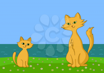 Cat mother and kitten the child sit on sea coast. Vector