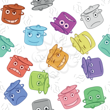 Seamless background with funny smilies boiling pans symbolising various human emotions. Vector