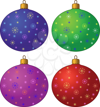 Christmas Holiday Decoration, Multicolored Glass Balls with Snowflakes, Isolated on White Background. Vector