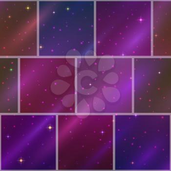 Abstract holiday space seamless background with dark violet sky, stars and color cosmic rays. Pattern for web design, split into separate parts. Eps10, contains transparencies. Vector