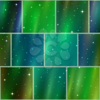 Abstract holiday space seamless background with dark green sky, stars and color cosmic rays. Pattern for web design, split into separate parts. Eps10, contains transparencies. Vector