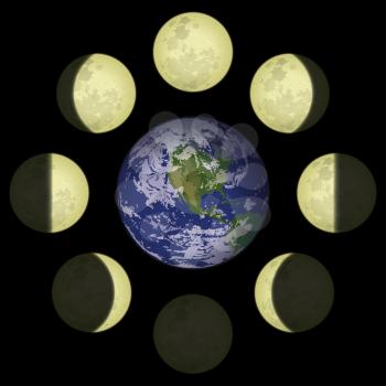 Space illustration of main lunar phases around planet Earth on black background. Elements of this image furnished by NASA (www.visibleearth.nasa.gov). Eps10, contains transparencies. Vector