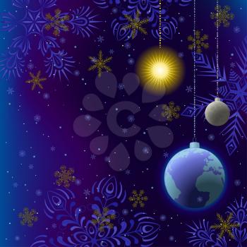 Symbolic background, snowflakes and celestial bodies in space, as Christmas balls. vector