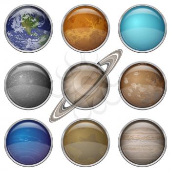 Set of isolated space buttons with planets of Solar System - Mercury, Venus, Earth, Mars, Jupiter, Saturn, Uranus, Neptune and Pluto. Elements of this image furnished by NASA (http://solarsystem.nasa.