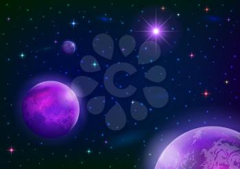 Fantastic space background with three violet planets, sun and stars. Elements of this image furnished by NASA. Vector eps10, contains transparencies