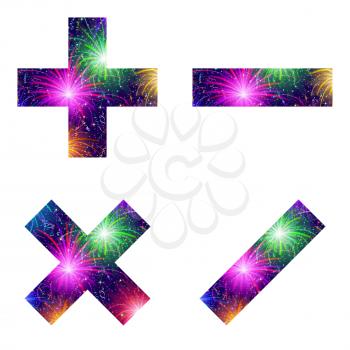 Set of mathematical signs plus, minus, multiplication and division, stylized colorful holiday firework with stars and flares, elements for web design. Eps10, contains transparencies. Vector