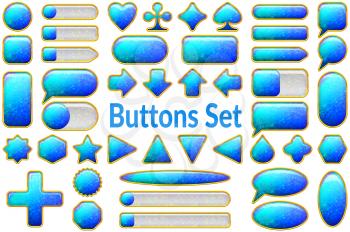 Set of Glass Blue Buttons and Sliders with Golden Frames, Computer Icons of Different Forms for Web Design on White Background. Eps10, Contains Transparencies. Vector