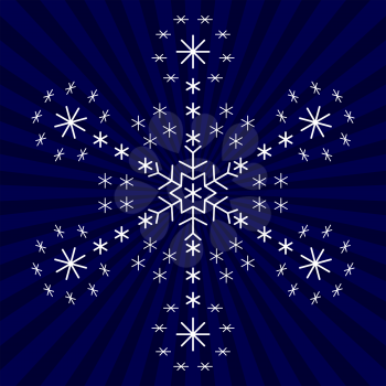 White snowflake from snowflakes on the blue background with rays. Vector