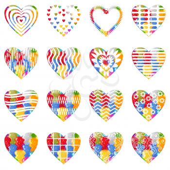 Set of valentine hearts with abstract patterns, holiday symbols of love, elements for web design. Eps10, contains transparencies. Vector