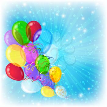 Holiday background, various balloons in the blue sky with sun rays and stars. Vector eps10, contains transparencies