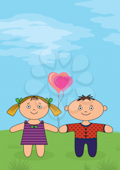 Children, little boy and girl, dolls standing on green meadow with valentine heart balloons. Vector