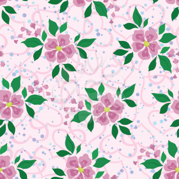 Abstract Floral Seamless Background with Pink Flowers, Green Leaves, Symbolical Hearts and Confetti. Eps10, Contains Transparencies. Vector