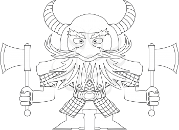 Dwarf warrior in armor and helmet standing with battle ax, funny comic cartoon character, contour. Vector
