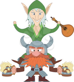 Drunken friends, fantasy heroes celebrating a successful campaign. Dwarf with beer mugs and elf sitting on dwarf with mandolin, funny comic cartoon characters. Vector