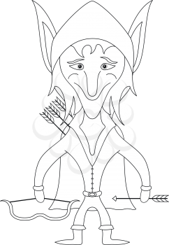 Elf archer standing with bow and arrows and smiling, funny comic cartoon character, contour. Vector