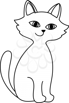 Kitten sits having lifted a tail and cheerfully tenderly smiling, black contours isolated on white background. Vector
