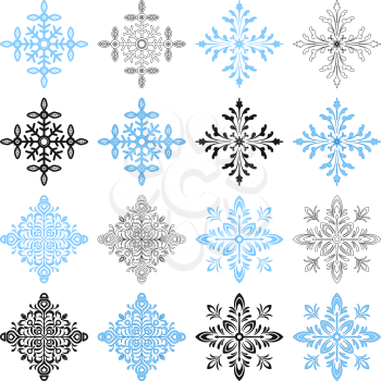 Set of Ornate Snowflakes, Christmas Elements in Various Versions, with Strokes, without Strokes, Contours and Black Silhouettes Isolated on White Background. Vector