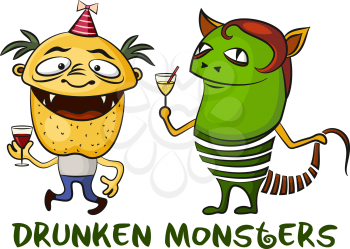 Set of Funny Drunken Cartoon Monsters with Alcohol Drinks, Colorful Toy Characters in Holiday Caps, Smiling and Dancing, Elements for your Party Design, Prints and Banners, Isolated on White. Vector