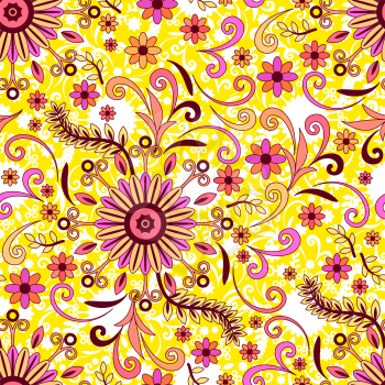 Abstract Seamless Background with Symbolical Colorful Patterns and Floral Ornaments. Vector
