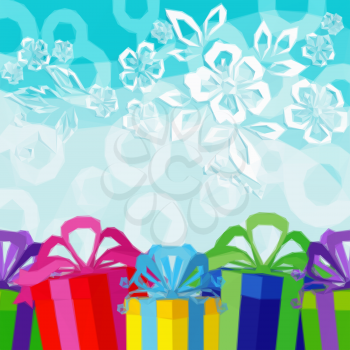Holiday Low Poly Background with Gift Colorful Boxes and Abstract Pattern with Flowers, Leafs and Rings. Vector