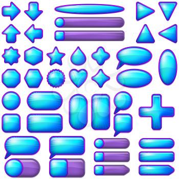 Set of Glass Blue and Lilac Buttons and Sliders, Computer Icons of Different Forms for Web Design on White Background. Eps10, Contains Transparencies. Vector