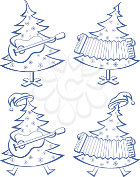 Christmas trees with guitar and accordion, pictograms set. Vector