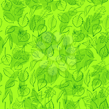 Seamless Background, Green Tree Leaves Contours and Silhouettes, Oak, Willow, Liquidambar, Hawthorn, Poplar, Aspen, Hazel, Ginkgo Biloba, Elm, Birch, Alder, Linden, Hornbeam, Chokeberry, Lilac. Vector