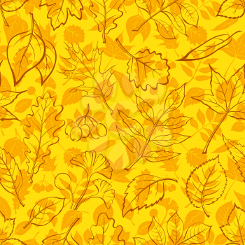 Seamless Background, Autumn Tree Leaves Contours and Silhouettes Oak, Iberian Oak, Raspberry, Willow, Liquidambar, Hawthorn, Aspen, Ginkgo Biloba, Elm Karagach, Birch, Ash, Chestnut, Sambucus. Vector
