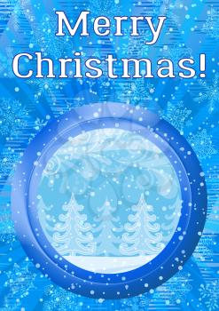 Christmas Holiday Background, Round Porthole Window on Blue Wall with Magic Winter Forest, Fir Trees, Abstract Patterns, Snowflakes, Confetti and Place for Text. Eps10, Contains Transparencies. Vector