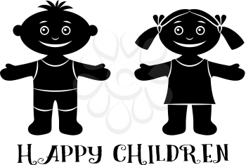 Cartoon People, Set of Happy Children, Funny Little Boy and Girl, Standing with Arms Wide Open and Smiling, Black Silhouette Isolated on White Background. Vector
