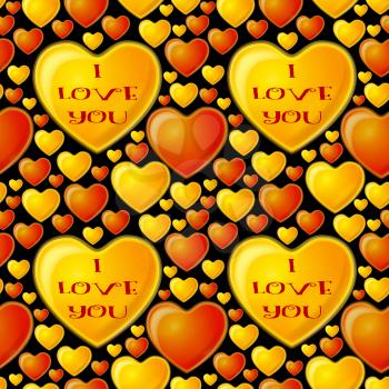 Valentine Holiday Colorful Seamless Pattern with Red and Gold Hearts on Black Background. Eps10, Contains Transparencies. Vector